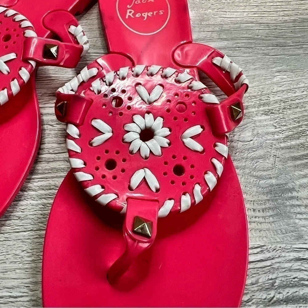 Kids Jack Roger’s slip on thong sandals size 3 bright hot pink and white lacing